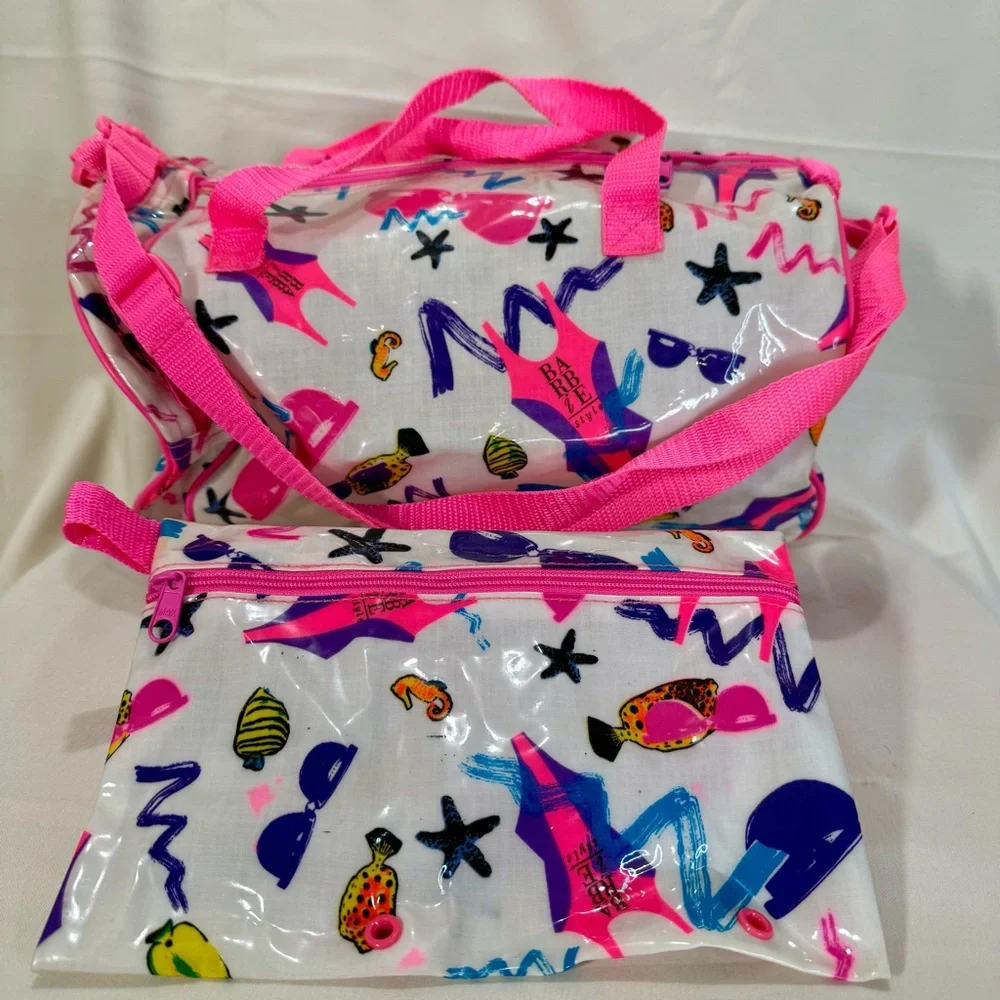 RARE 1989 Barbie Mattel Inc. Vintage Girl's Duffle Bag & Pouch Vinyl Graphic Art